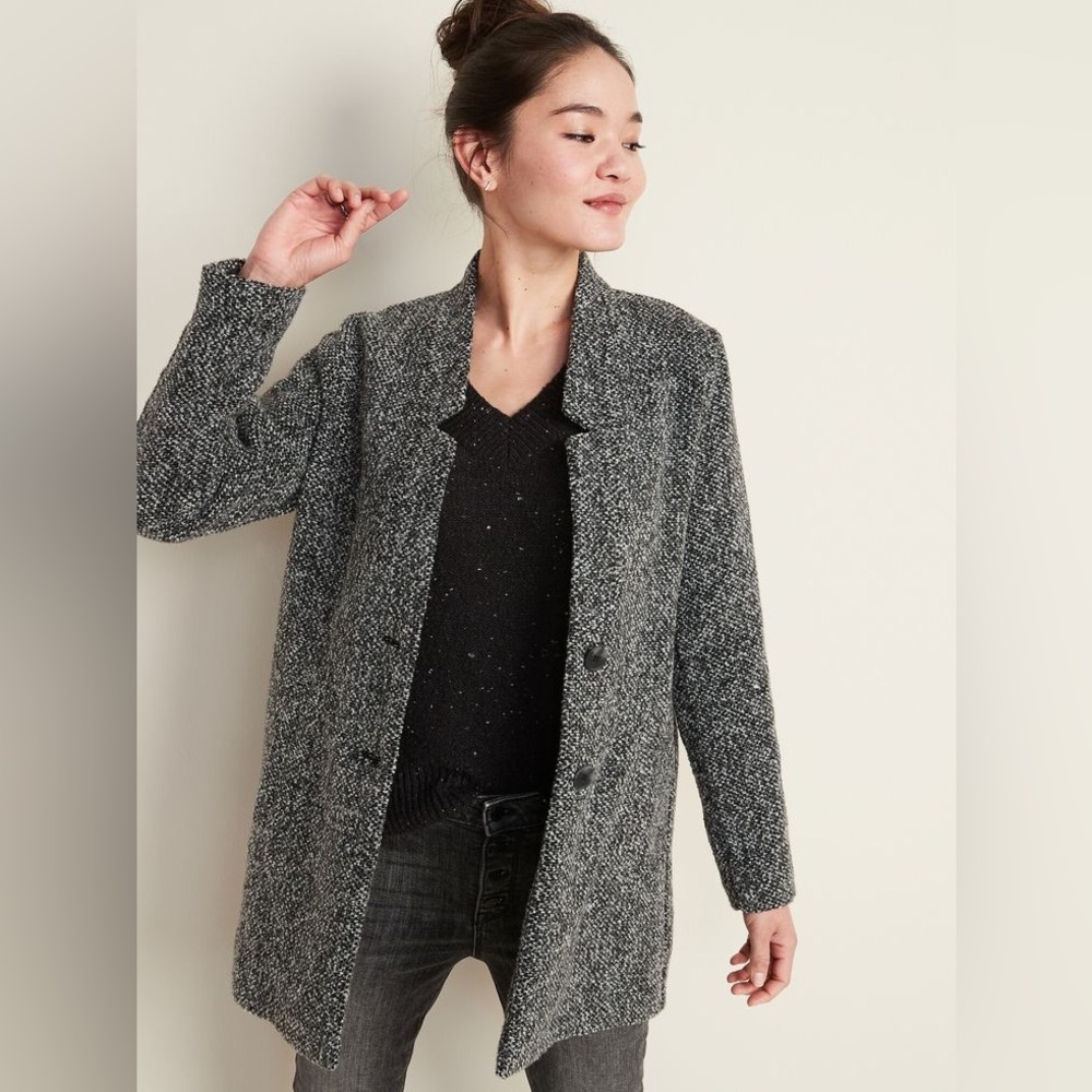 Old Navy Relaxed Textured Button Front Black Tweed Coat Size